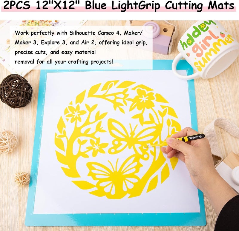 TECKWRAP Permanent Vinyl Bundle All-in-One Accessories, 21 Assorted Colors (12"x12") Sheets, Squeegee, Pin Pen, Tweezers, 2PCS Cutting Mats, Vinyl Storage Bag for Crafting - Image 5